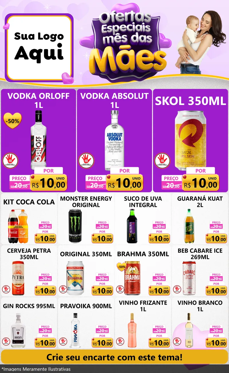 Modelo de Encarte para Encarte Grande com o tema Ofertas Especiais - Mês das Mães para Distribuidora de bebidas