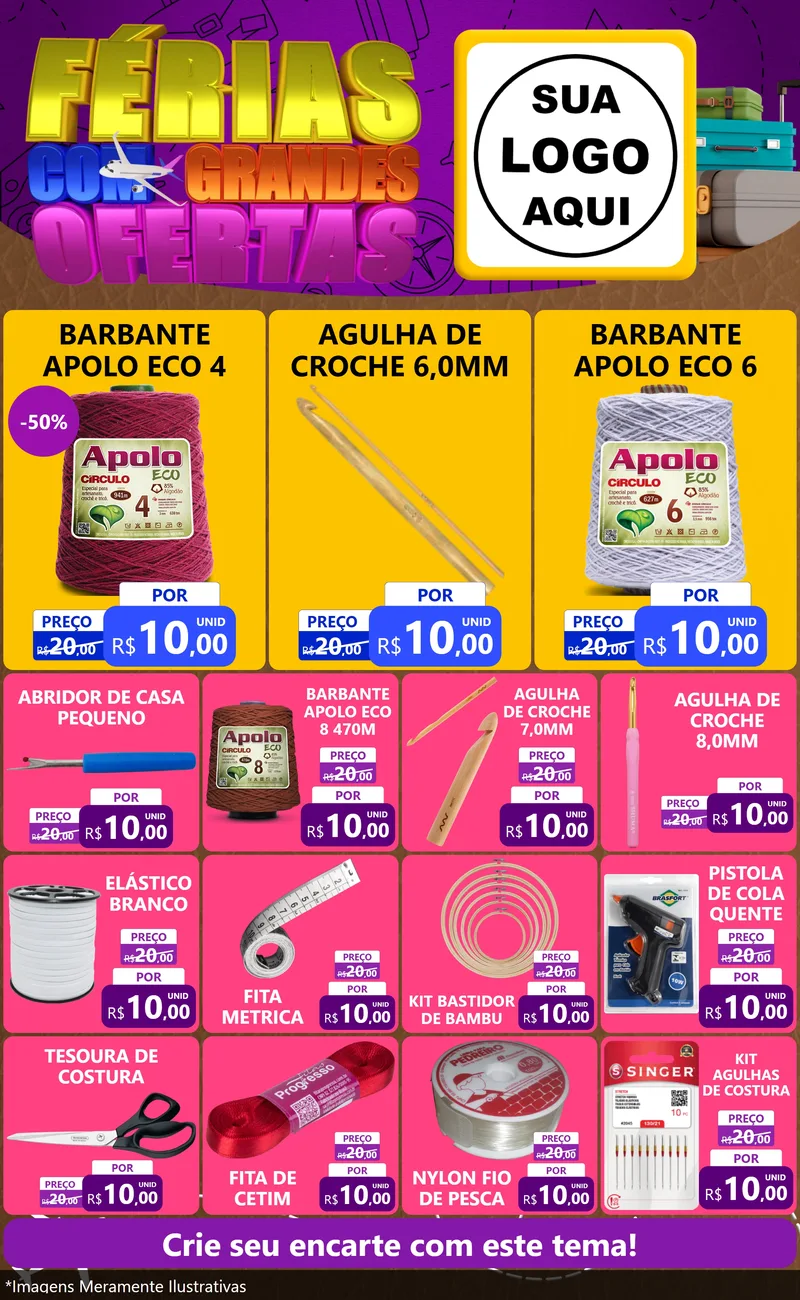 Modelo de Encarte para Encarte Grande com o tema Férias com Grandes Ofertas para Armarinho e Aviamentos