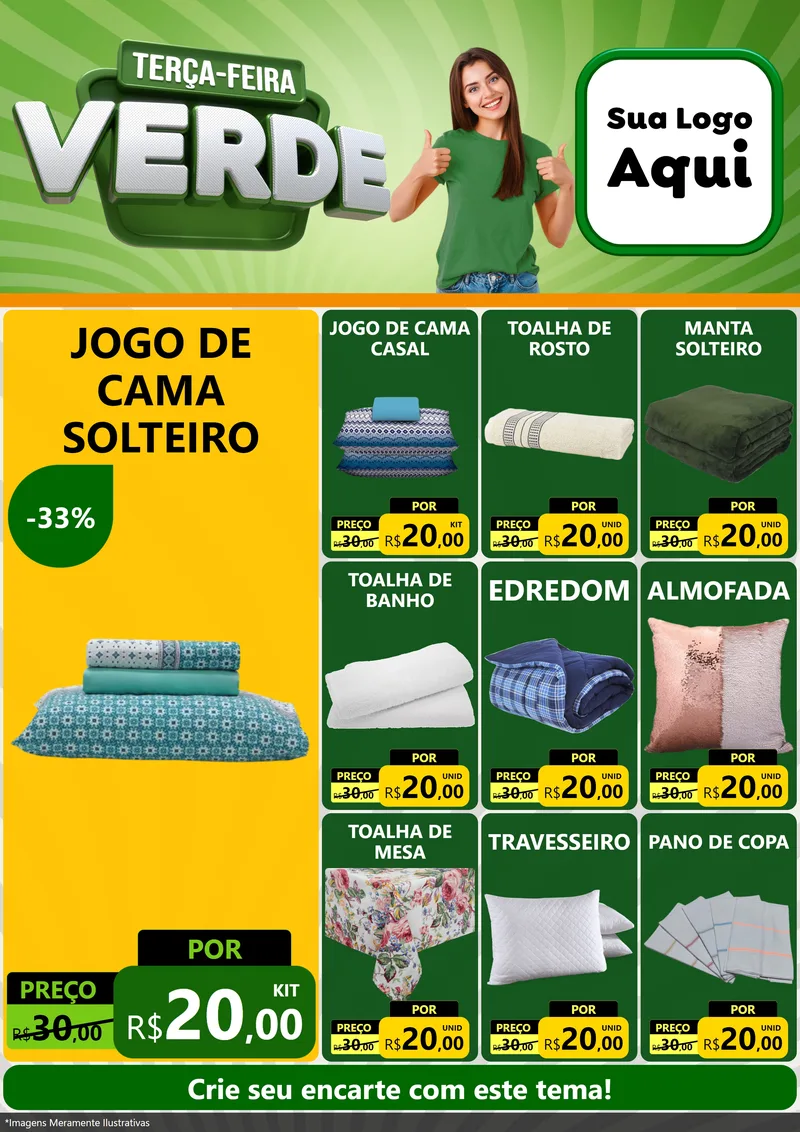 Modelo de Encarte para Encarte A4 Vertical com o tema Terça - Feira Verde para Cama, Mesa e Banho