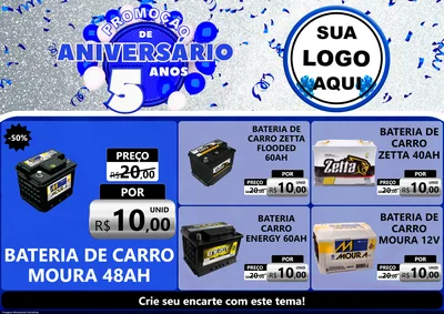 Modelo de Encarte para Encarte A4 Horizontal com o tema Promoção de Aniversário - 5 Anos para Baterias Elétricas