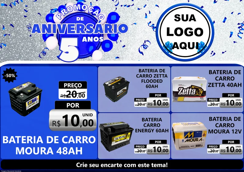 Modelo de Encarte para Encarte A4 Horizontal com o tema Promoção de Aniversário - 5 Anos para Baterias Elétricas