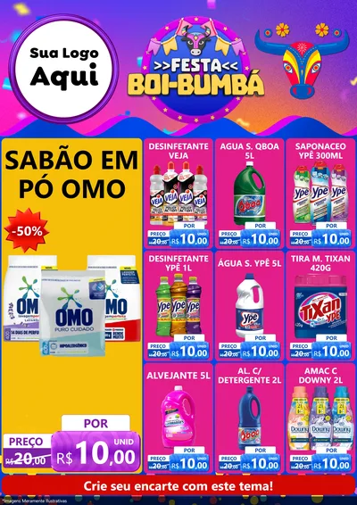 Modelo de Encarte para Encarte A4 Vertical com o tema Festa Boi-Bumbá para Produtos de Limpeza
