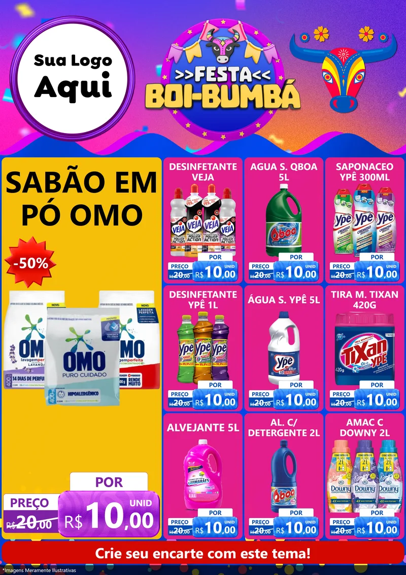 Modelo de Encarte para Encarte A4 Vertical com o tema Festa Boi-Bumbá para Produtos de Limpeza