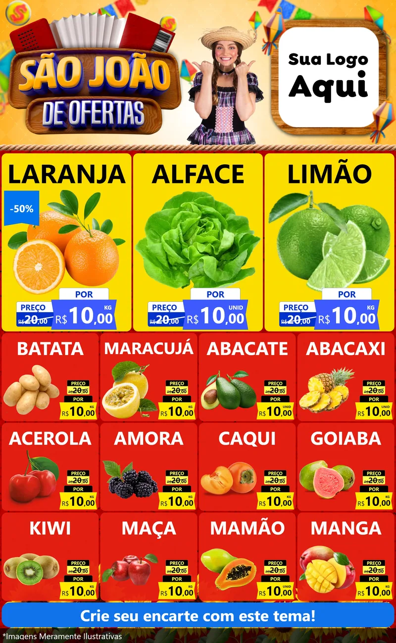 Modelo de Encarte para Encarte Grande com o tema São João de Ofertas para Hortifrúti