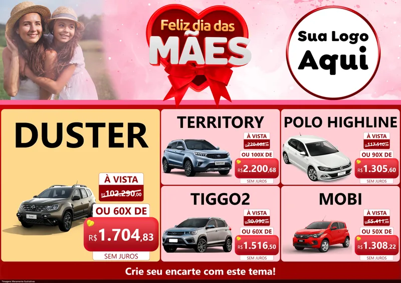 Modelo de Encarte para Encarte A4 Horizontal com o tema Feliz Dia Das Mães para Concessionaria de Carros