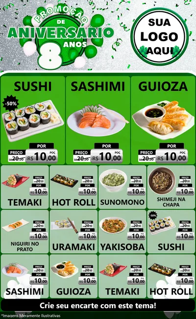 Modelo de Encarte para Encarte Grande com o tema Promoção de Aniversário - 8 Anos para Comida japonesa