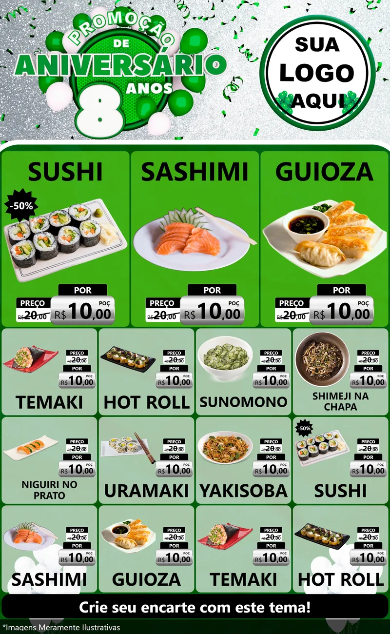 Modelo de Encarte para Encarte Grande com o tema Promoção de Aniversário - 8 Anos para Comida japonesa