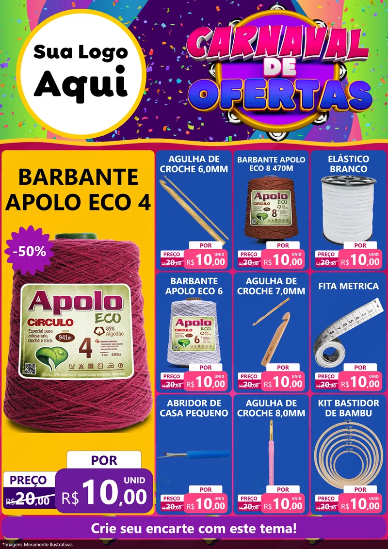 Modelo de Encarte para Encarte A4 Vertical com o tema Carnaval de Ofertas para Armarinho e Aviamentos