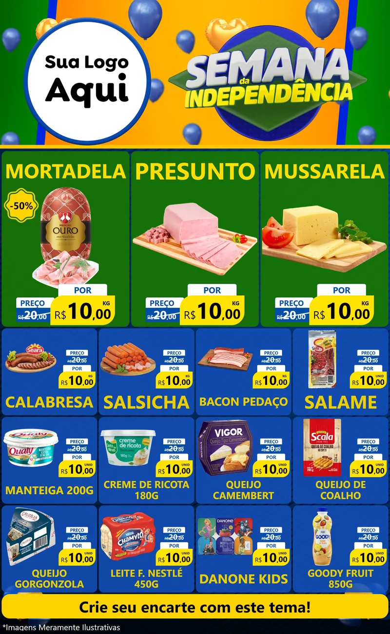 Modelo de Encarte para Encarte Grande com o tema Semana da Independência para Frios e Laticínios