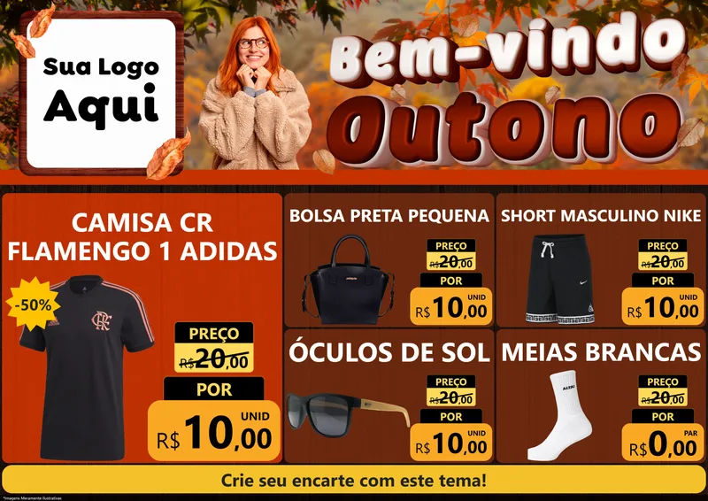Modelo de Encarte para Encarte A4 Horizontal com o tema Bem-vindo Outono para Roupas e acessórios