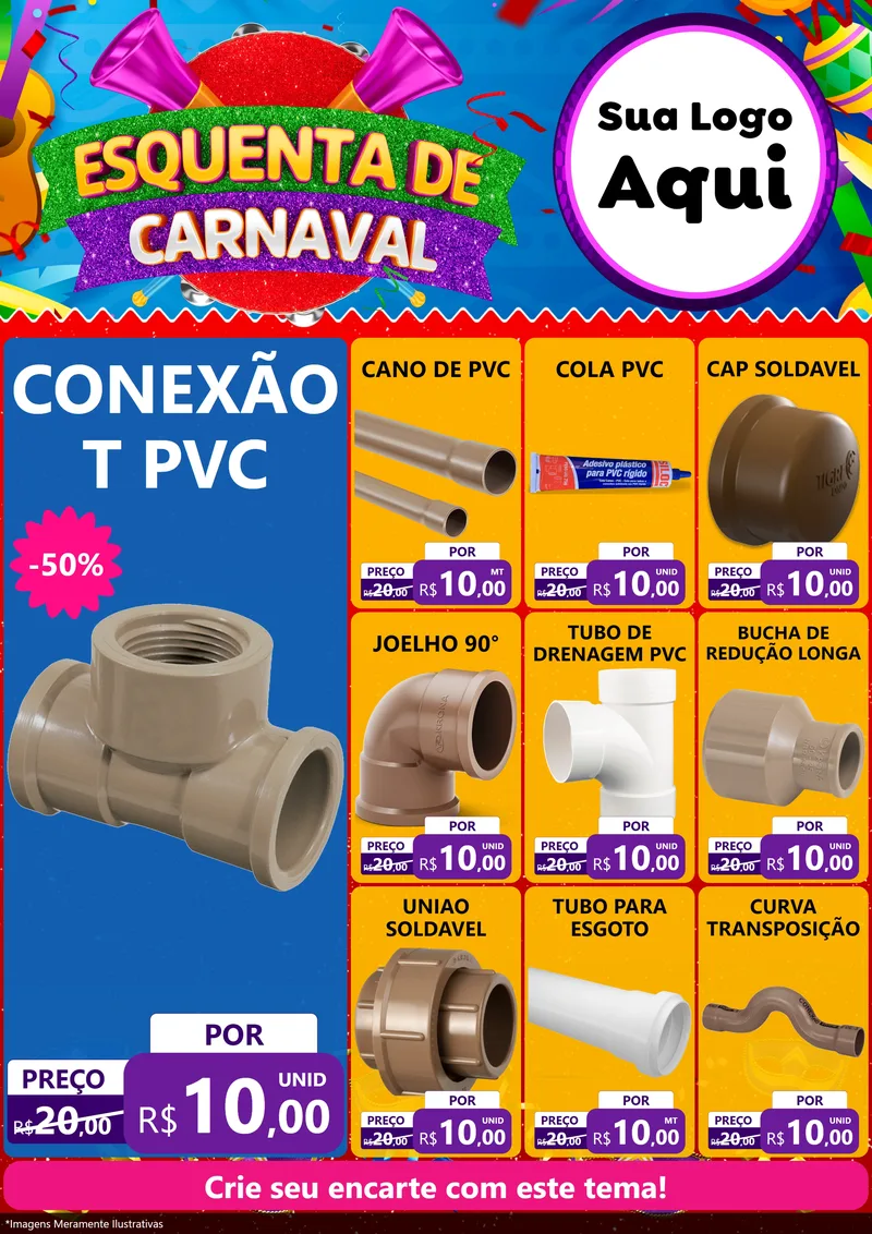 Modelo de Encarte para Encarte A4 Vertical com o tema Esquenta de Carnaval para Tubos e conexões