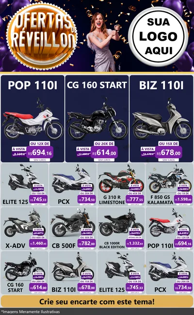 Modelo de Encarte para Encarte Grande com o tema Ofertas de Réveillon para Concessionaria de Motos