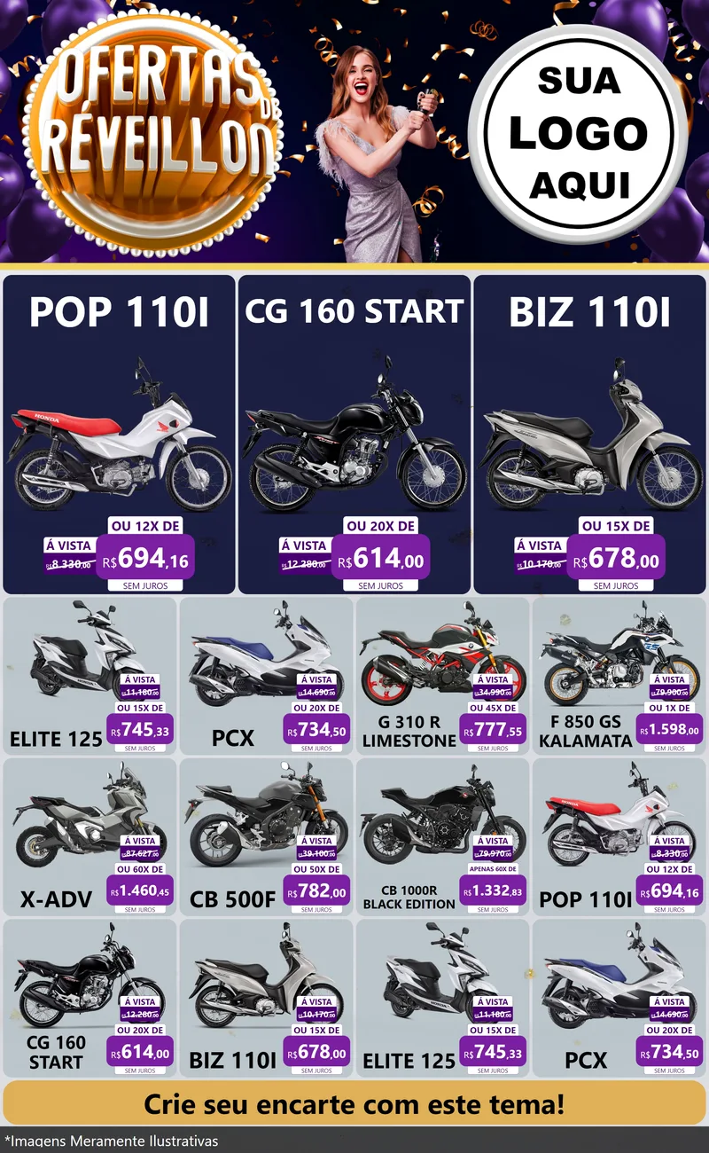 Modelo de Encarte para Encarte Grande com o tema Ofertas de Réveillon para Concessionaria de Motos