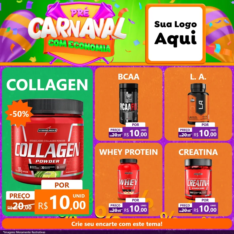 Modelo de Rede Social para Feed Facebook com o tema Pré-Carnaval Com Economia para Suplementos alimentares