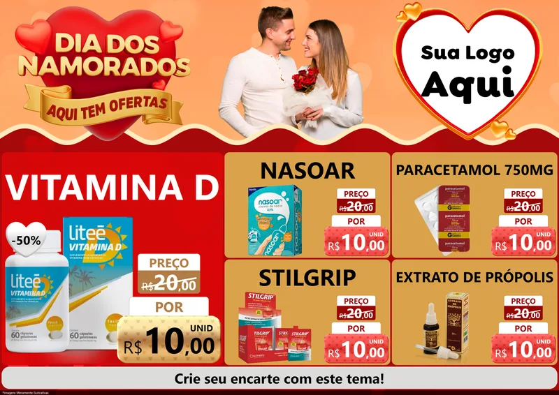 Modelo de Encarte para Encarte A4 Horizontal com o tema Dia dos Namorados - Aqui Tem Ofertas para Farmácia