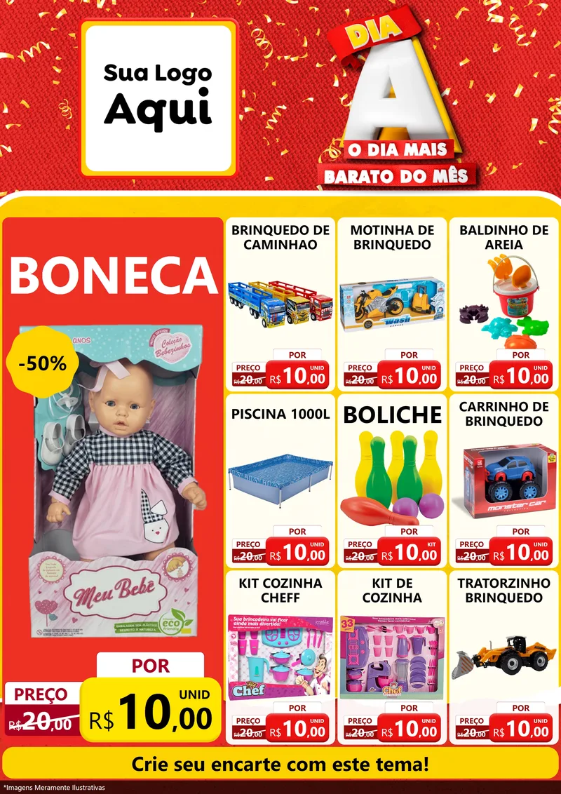 Modelo de Encarte para Encarte A4 Vertical com o tema Dia A o Dia Mais Barato do Mês para Brinquedos