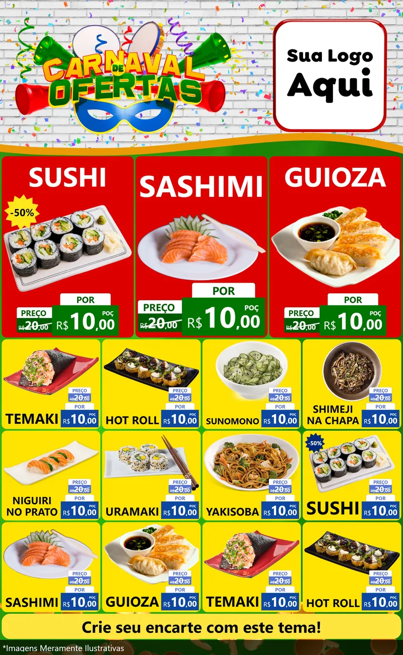 Modelo de Encarte para Encarte Grande com o tema Carnaval de Ofertas para Comida japonesa