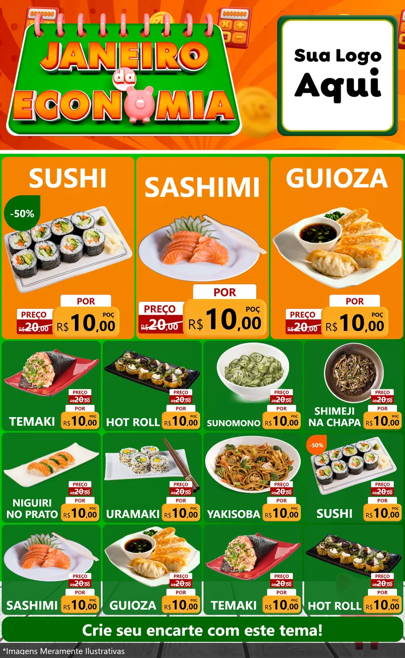 Modelo de Encarte para Encarte Grande com o tema Janeiro da Economia para Comida japonesa