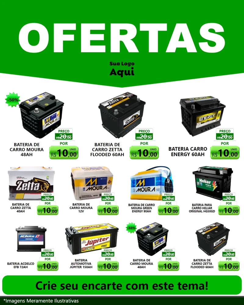 Modelo de Rede Social para Feed Instagram com o tema Ofertas Verde Cartaz para Baterias Elétricas