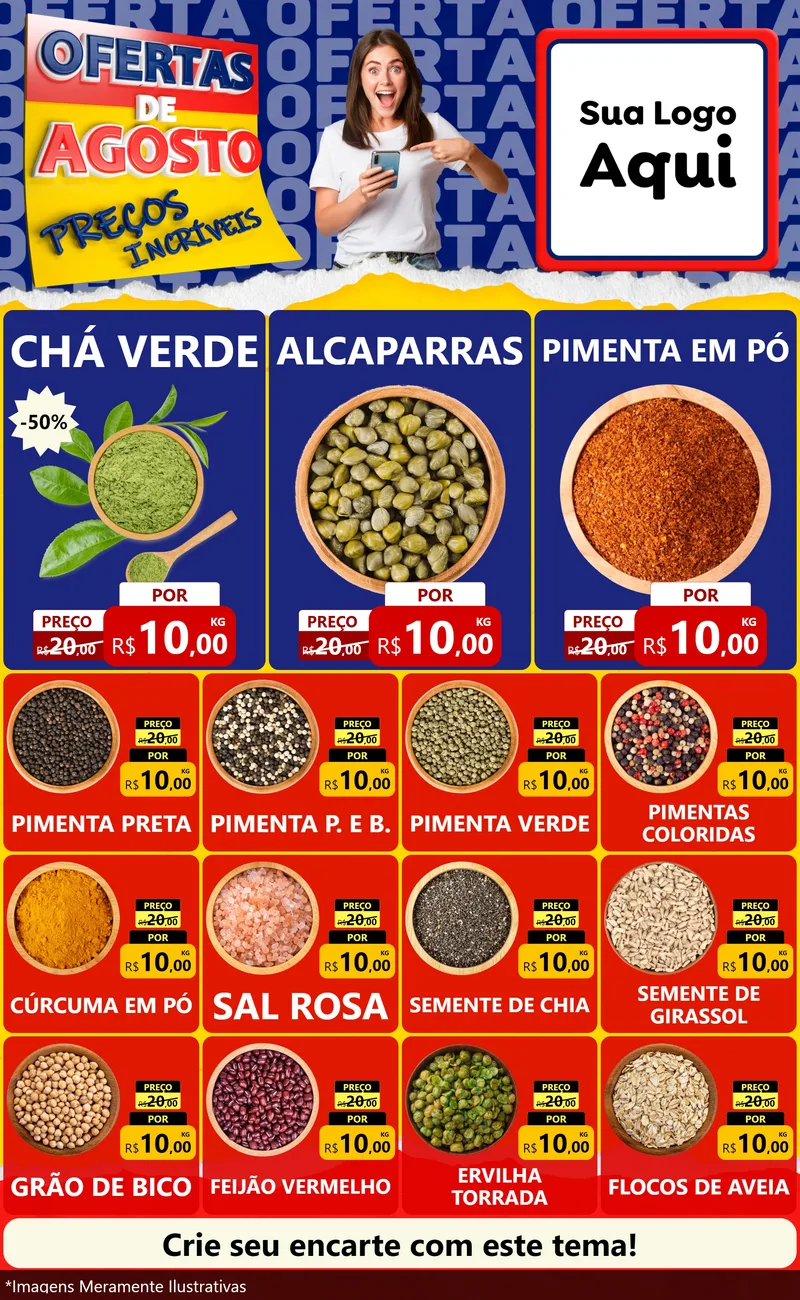 Modelo de Encarte para Encarte Grande com o tema Ofertas de Agosto - Preços Incríveis para Produtos Naturais