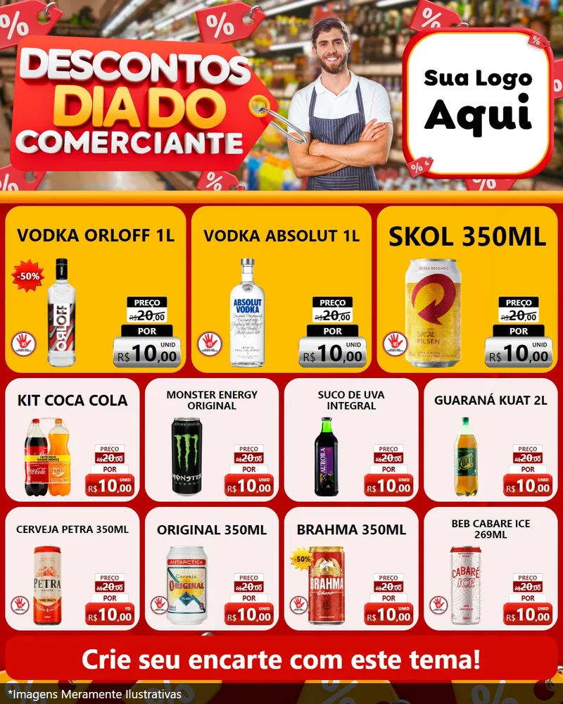 Modelo de Rede Social para Feed Instagram com o tema Descontos Dia do Comerciante para Distribuidora de bebidas