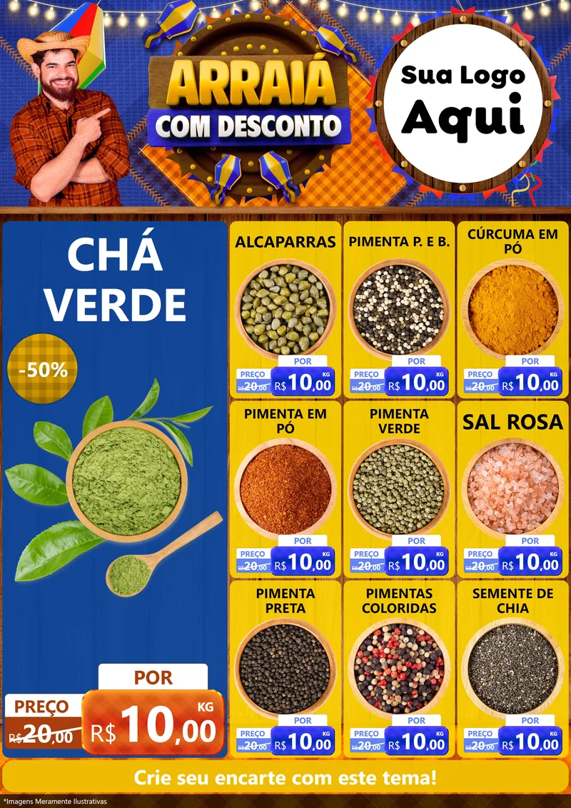 Modelo de Encarte para Encarte A4 Vertical com o tema Arraiá Com Desconto para Produtos Naturais
