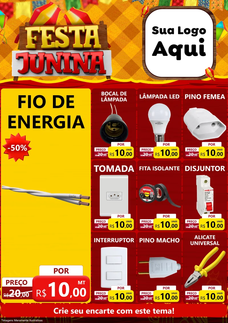 Modelo de Encarte para Encarte A4 Vertical com o tema Festa Junina para Materiais Elétricos