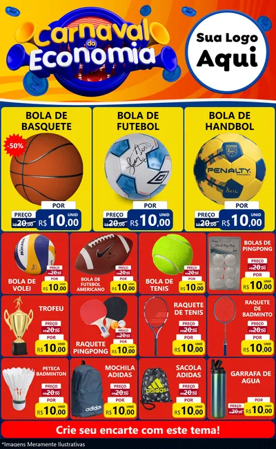 Modelo de Encarte para Encarte Grande com o tema Carnaval da Economia para Artigos Esportivos