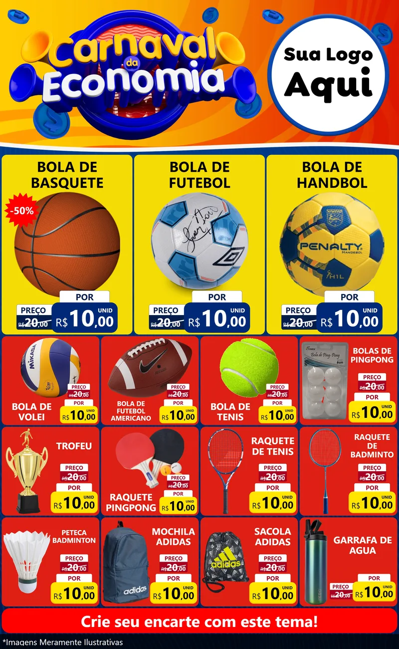 Modelo de Encarte para Encarte Grande com o tema Carnaval da Economia para Artigos Esportivos