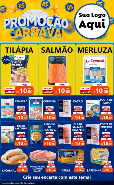 Modelo de Encarte para Encarte Grande com o tema Promoção de Carnaval para Peixaria
