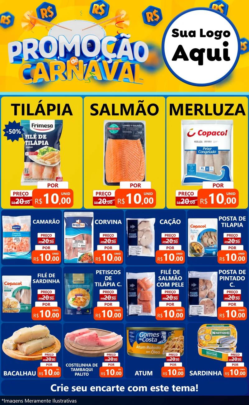Modelo de Encarte para Encarte Grande com o tema Promoção de Carnaval para Peixaria