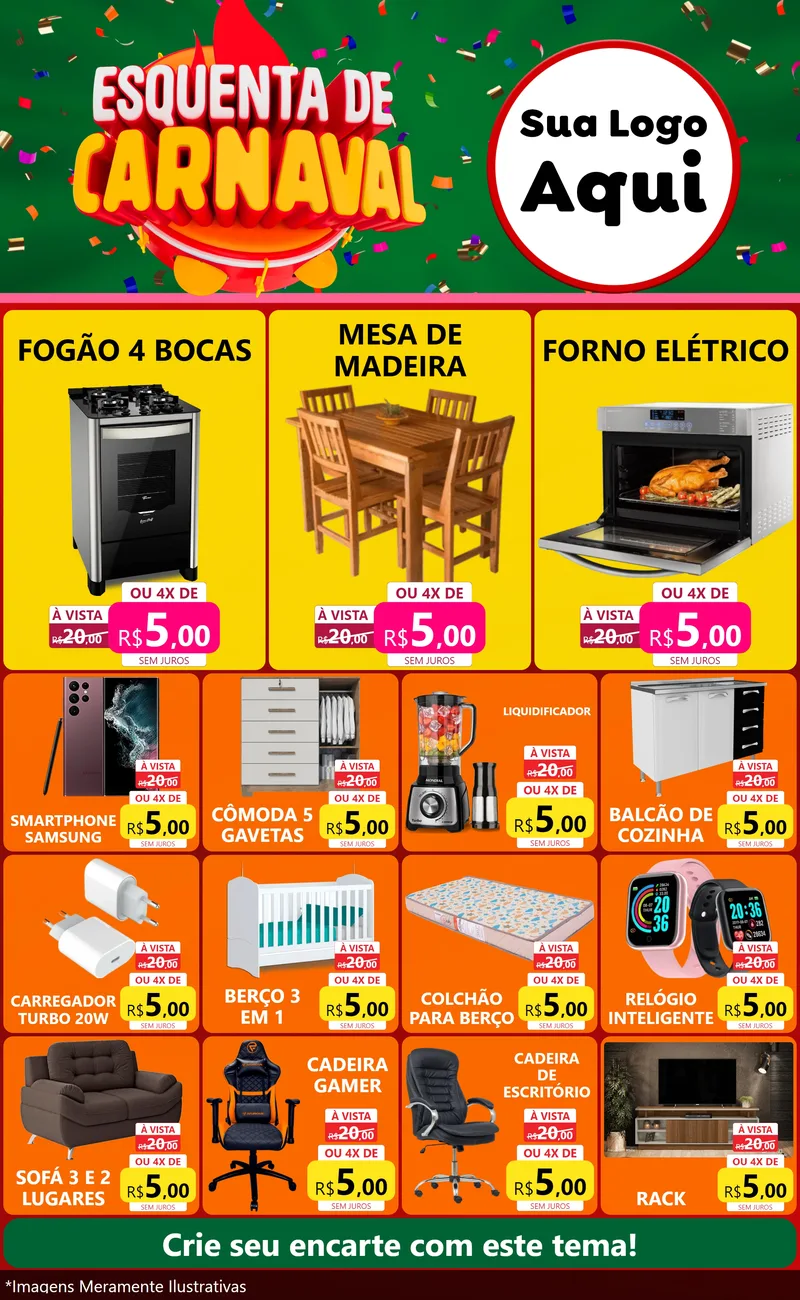 Modelo de Encarte para Encarte Grande com o tema Esquenta de Carnaval para Móveis e Eletro