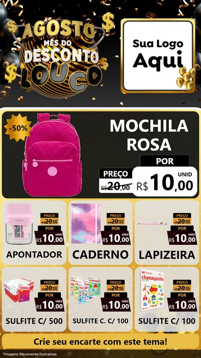 Modelo de Rede Social para Stories com o tema Agosto Mês do Desconto Louco para Papelaria