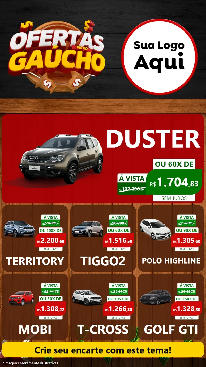 Modelo de Rede Social para Stories com o tema Ofertas Dia do Gaúcho para Concessionaria de Carros