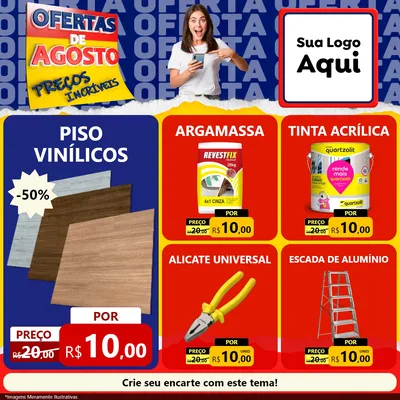Modelo de Rede Social para Feed Facebook com o tema Ofertas de Agosto - Preços Incríveis para Material para Construção