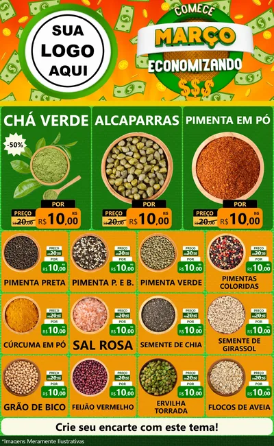 Modelo de Encarte para Encarte Grande com o tema Comece Março Economizando para Produtos Naturais