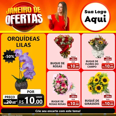 Modelo de Rede Social para Feed Facebook com o tema Janeiro de Ofertas para Floricultura e jardim