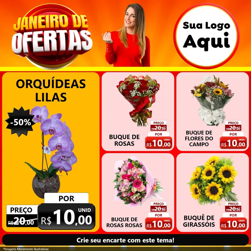 Modelo de Rede Social para Feed Facebook com o tema Janeiro de Ofertas para Floricultura e jardim
