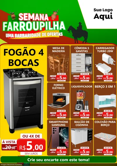 Modelo de Encarte para Encarte A4 Vertical com o tema Semana Farroupilha - Uma Barbaridade de Ofertas para Móveis e Eletro