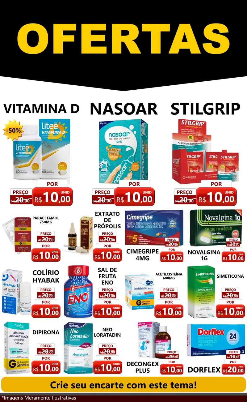 Modelo de Encarte para Encarte Grande com o tema Ofertas Preto e Vermelho Cartaz para Farmácia