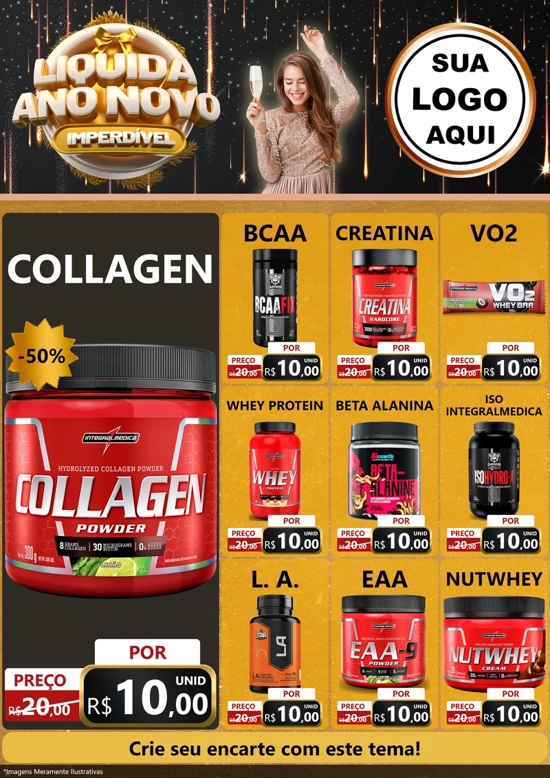 Modelo de Encarte para Encarte A4 Vertical com o tema Liquida Ano Novo Imperdível para Suplementos alimentares