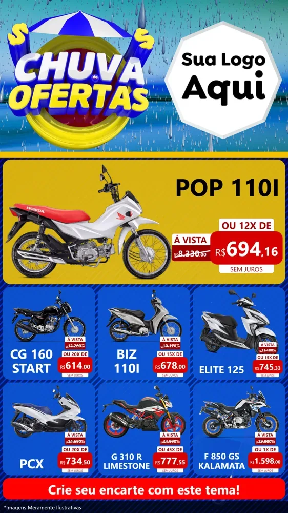 Modelo de Rede Social para Stories com o tema Chuva de Ofertas para Concessionaria de Motos