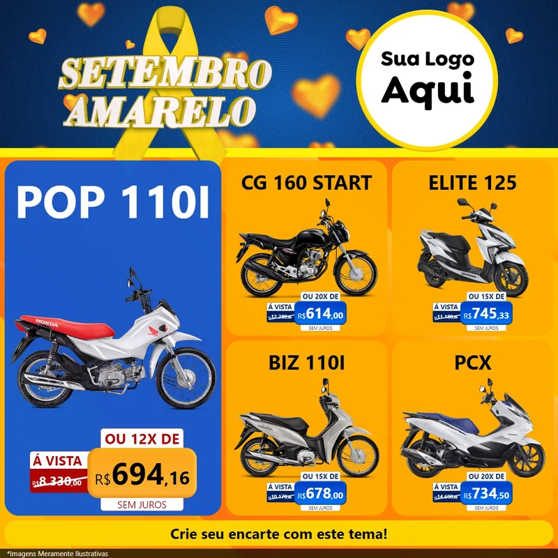 Modelo de Rede Social para Feed Facebook com o tema Setembro Amarelo para Concessionaria de Motos