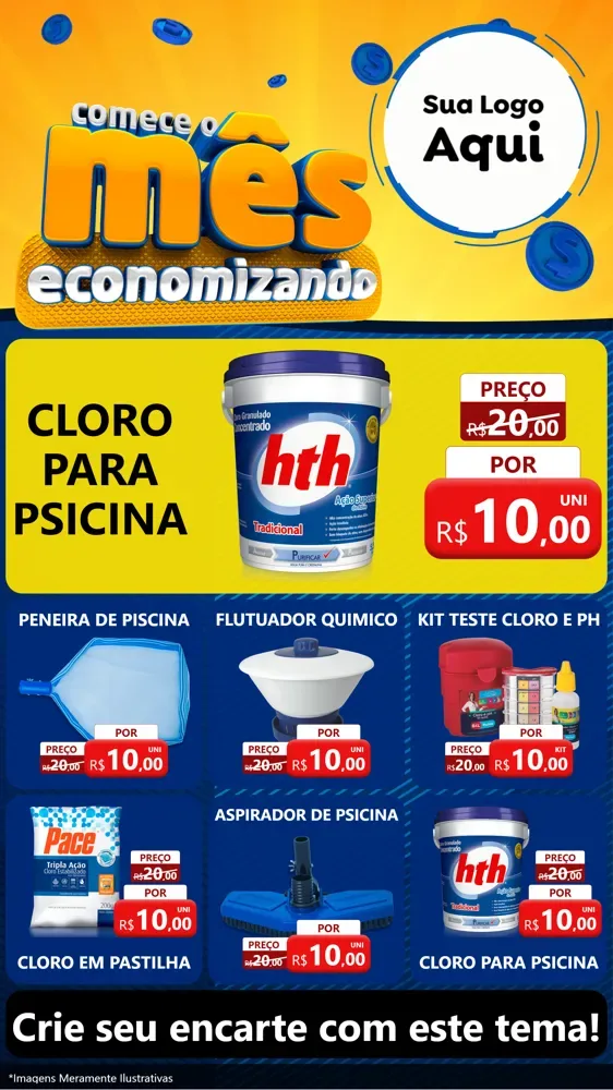 Modelo de Rede Social para Stories com o tema Comece O Mês Economizando para Produtos para Piscina