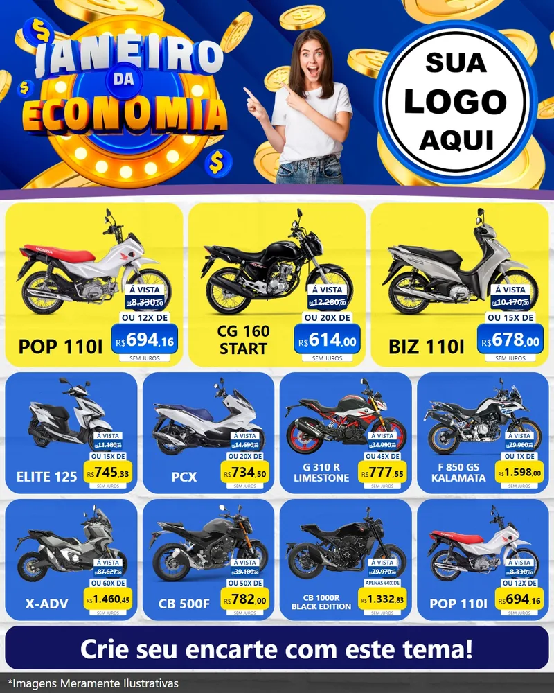 Modelo de Rede Social para Feed Instagram com o tema Janeiro da Economia para Concessionaria de Motos
