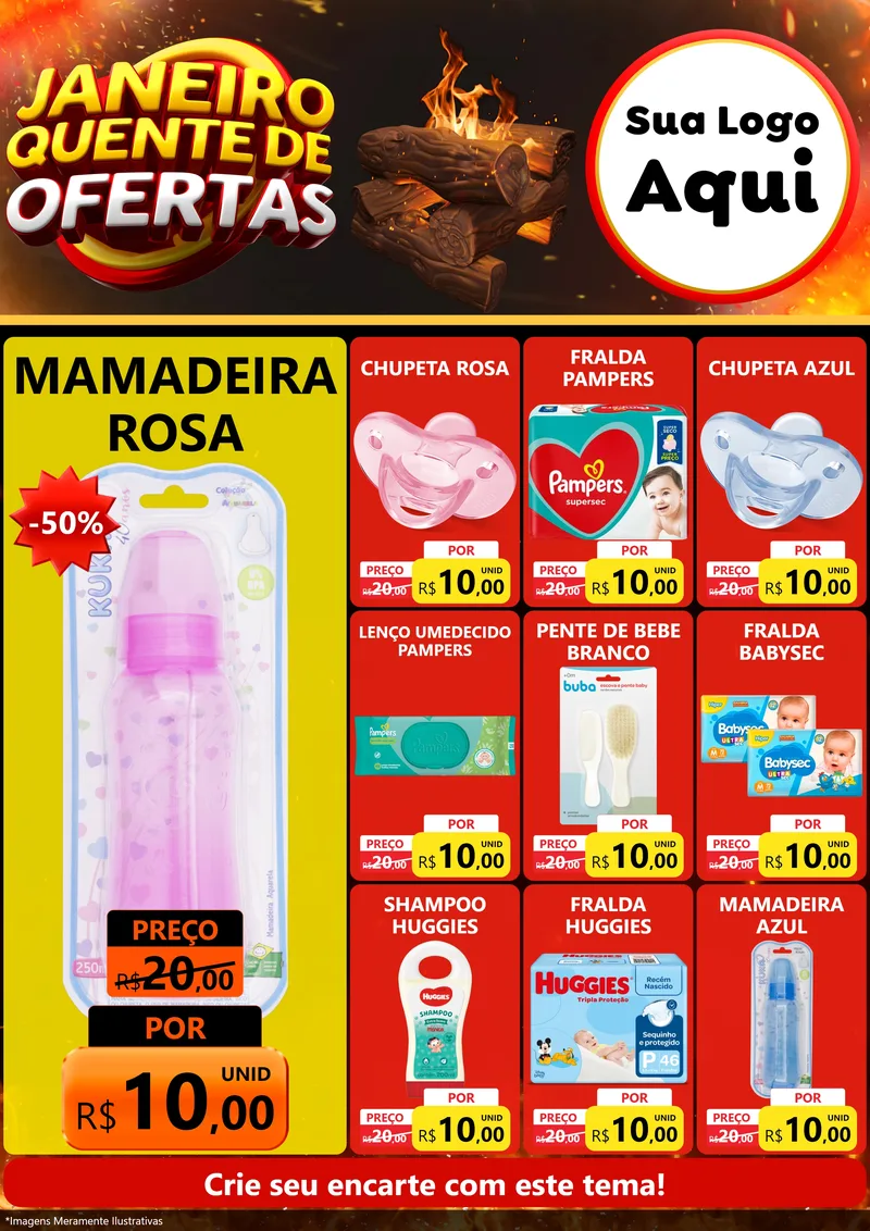 Modelo de Encarte para Encarte A4 Vertical com o tema Janeiro Quente de Ofertas para Bebês