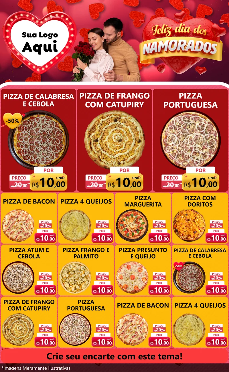 Modelo de Encarte para Encarte Grande com o tema Feliz Dia Dos Namorados para Pizzaria