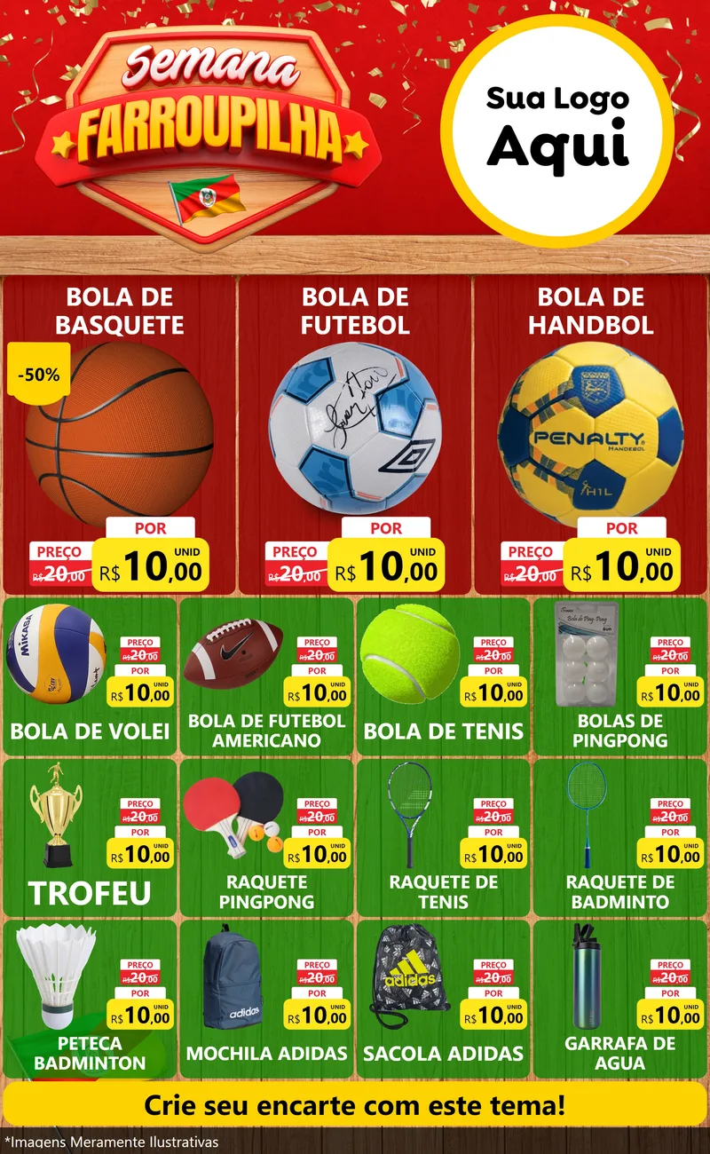 Modelo de Encarte para Encarte Grande com o tema Semana Farroupilha para Artigos Esportivos