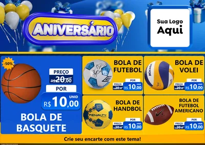 Modelo de Encarte para Encarte A4 Horizontal com o tema Aniversário para Artigos Esportivos