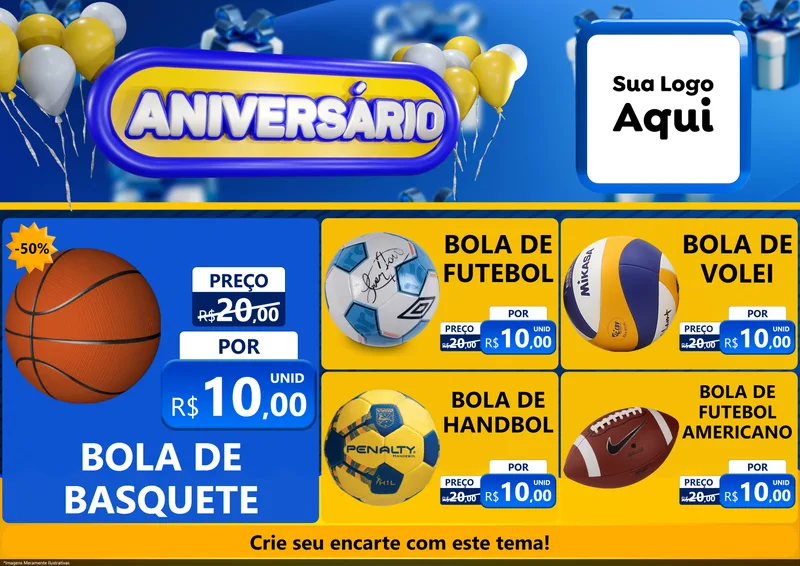 Modelo de Encarte para Encarte A4 Horizontal com o tema Aniversário para Artigos Esportivos